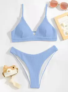 Swim Basics Summer Beach Plain Textured Bikini - Baby Blue - View 3