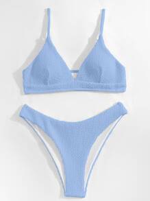 Swim Basics Summer Beach Plain Textured Bikini - Baby Blue - View 5