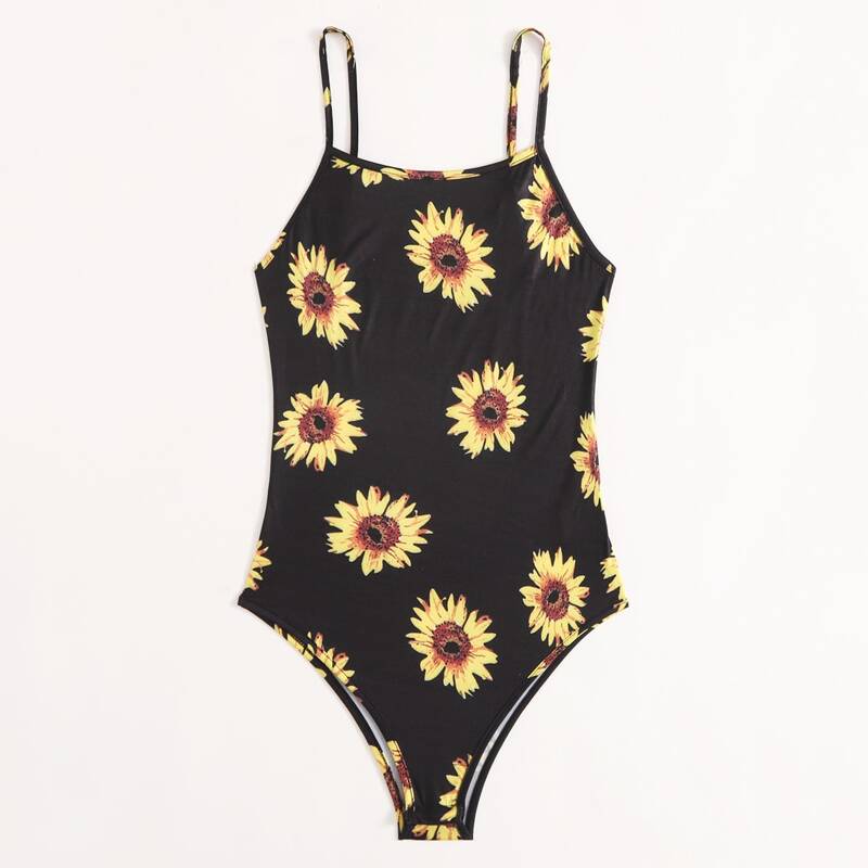 

Sunflower Print Cami Bodysuit, Black