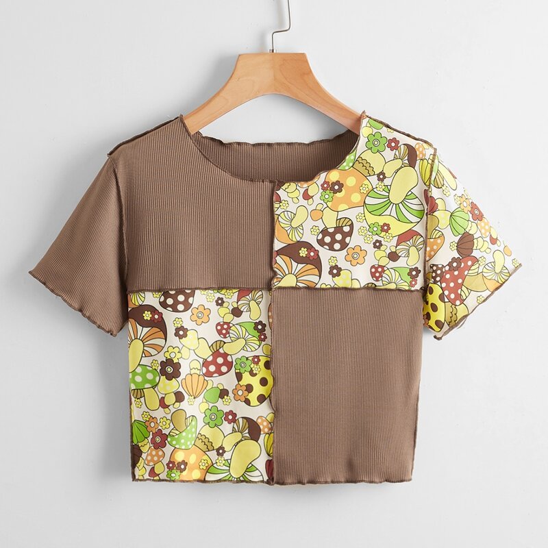 

Contrast Mushroom Graphic Ribbed Crop Tee, Multicolor