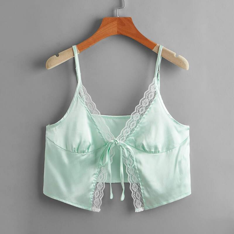 

Satin Contrast Lace Tie Front Cami, Mint green
