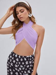 Fringe Trim Detail Halter Top - Lilac Purple - View 4