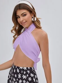 Fringe Trim Detail Halter Top - Lilac Purple - View 5