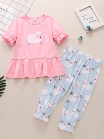 بنطلون مع لباس علوي بطباعة عبارة وخروف رسوم كارتون للبنات الصغار