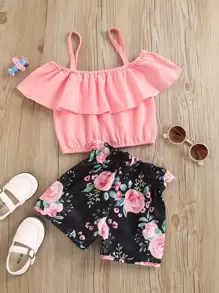 SHEIN Young Girl Cold Shoulder Top & Floral Shorts - Multicolor - View 1