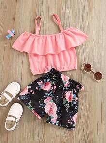 SHEIN Young Girl Cold Shoulder Top & Floral Shorts - Multicolor - View 2