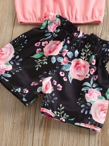 SHEIN Young Girl Cold Shoulder Top & Floral Shorts - Multicolor - View 3