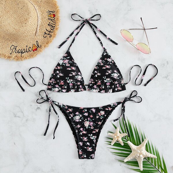 

Floral Frill Halter Triangle Bikini Swimsuit, Multicolor