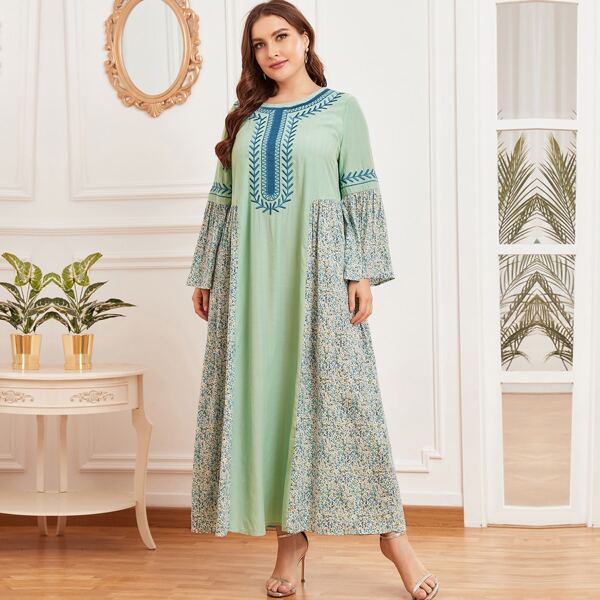 

Платье размера плюс с цветочным узором и вышивкой, Мятно-зеленый