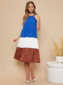 SHEIN Colorblock Flare Hem Dress - Multicolor - View 2