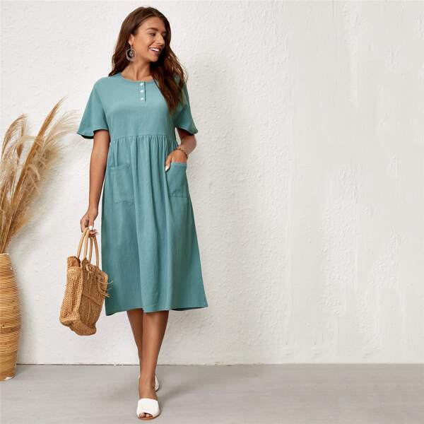 

Dual Pocket Solid Smock Dress, Cadet blue