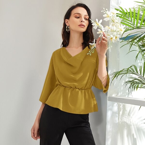 

Cowl Neck Drop Shoulder Peplum Blouse, Mustard yellow