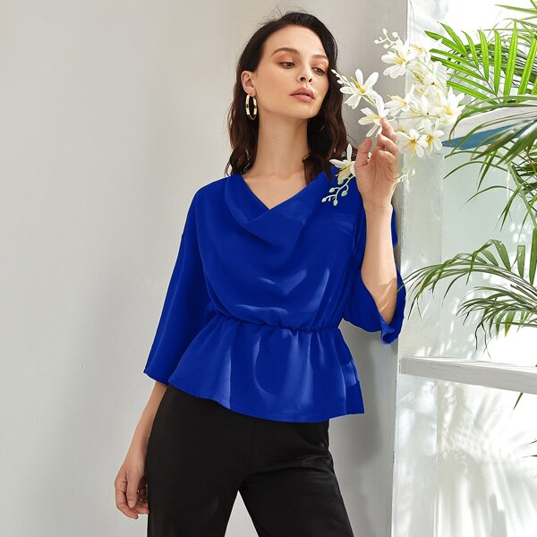 

Cowl Neck Drop Shoulder Peplum Blouse, Blue