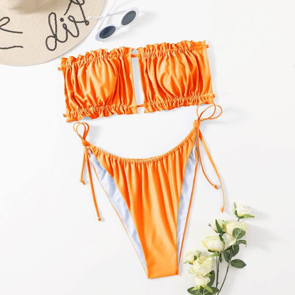 

Plus Ruched Frill Bandeau Tie Side Bikini Swimsuit, Orange