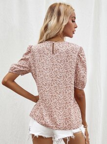 SHEIN LUNE Ditsy Floral Puff Sleeve Blouse - Baby Pink - View 2