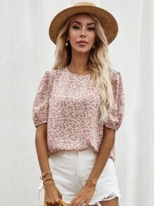 SHEIN LUNE Ditsy Floral Puff Sleeve Blouse - Baby Pink - View 4