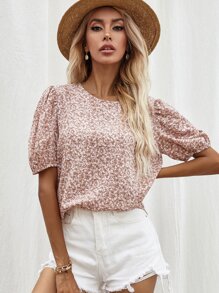 SHEIN LUNE Ditsy Floral Puff Sleeve Blouse - Baby Pink - View 5