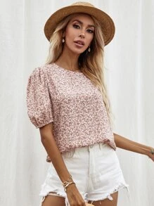 SHEIN LUNE Ditsy Floral Puff Sleeve Blouse - Baby Pink - View 6