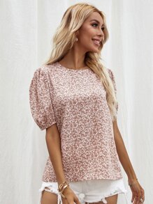 SHEIN LUNE Ditsy Floral Puff Sleeve Blouse - Baby Pink - View 7