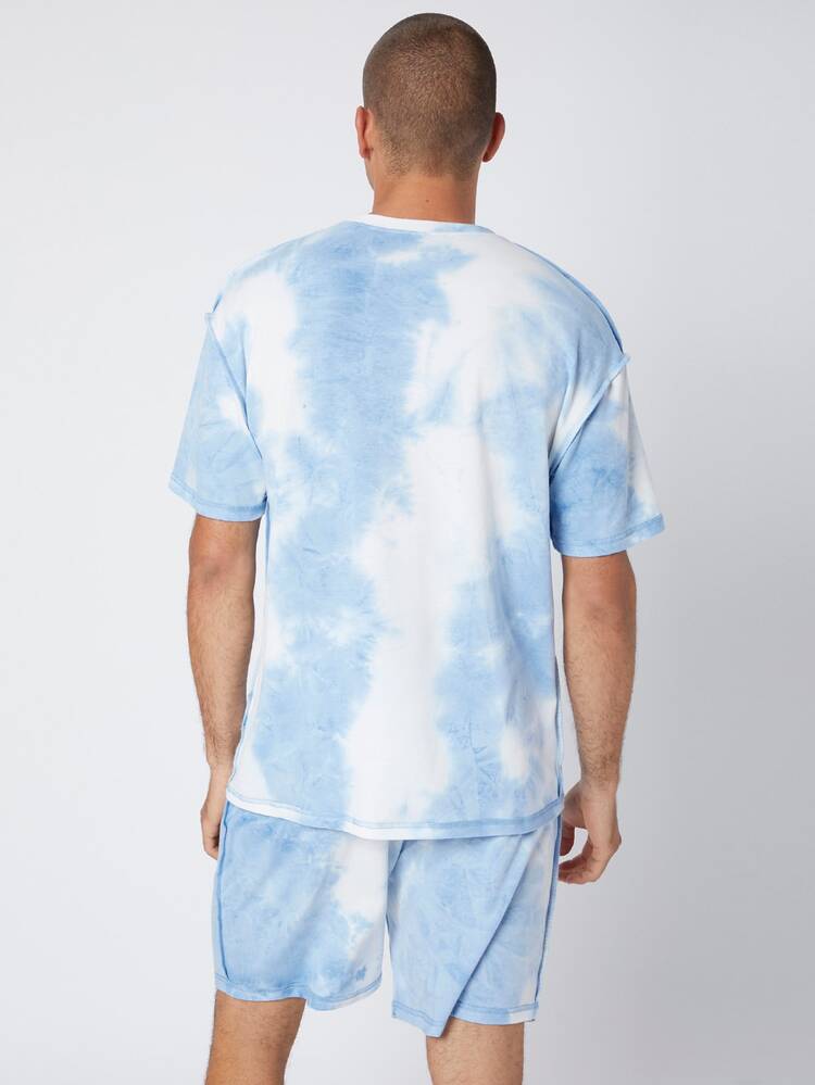 Manfinity VCAY Fashion Letter Embroidered Tie Dye Short Sleeve Tee And 1 Shorts Vacation Couple Matching Set - Blue and White - View 2