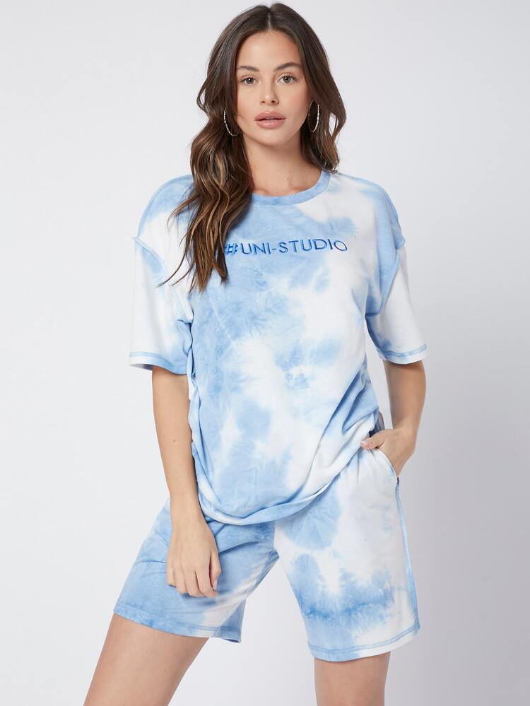 Manfinity VCAY Fashion Letter Embroidered Tie Dye Short Sleeve Tee And 1 Shorts Vacation Couple Matching Set - Blue and White - View 3