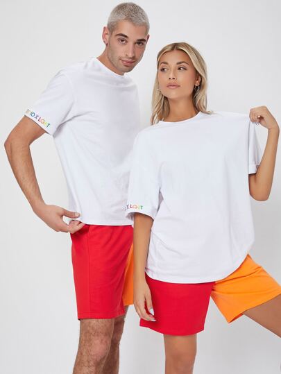 Manfinity LGBT Letter Embroidery 1 Tee and Colorblock 1 Track Shorts Set