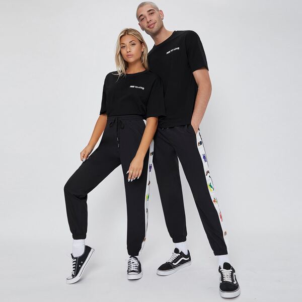 

1 PC LGBT Letter & Figure Graphic Pants, Black and white