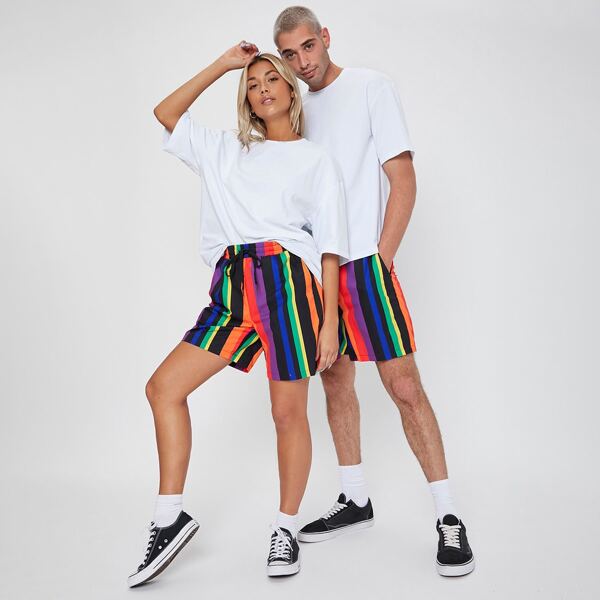 

Drop Shoulder 1 Tee and Striped 1 Track Shorts Set, Multicolor