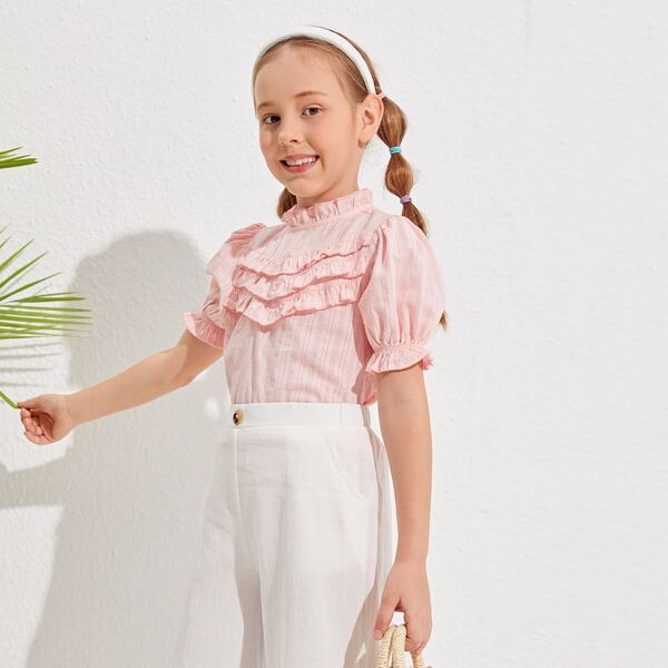 

Girls Mock-Neck Ruffle Trim Top, Baby pink