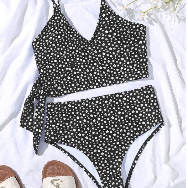 

Ditsy Floral Print Knot Bikini Swimsuit, Black and white