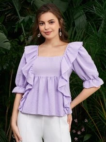 SHEIN Top Con Ribete De Volantes Y Mangas Con Volantes - Lila Púrpura - Ver 1