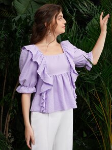 SHEIN Top Con Ribete De Volantes Y Mangas Con Volantes - Lila Púrpura - Ver 4