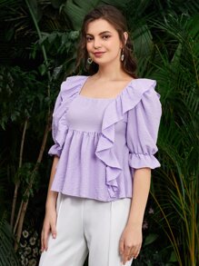 SHEIN Top Con Ribete De Volantes Y Mangas Con Volantes - Lila Púrpura - Ver 5