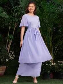 SHEIN 蝴蝶袖亮片細節自腰帶洋裝