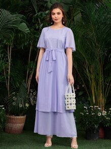 SHEIN 蝴蝶袖亮片細節自腰帶洋裝