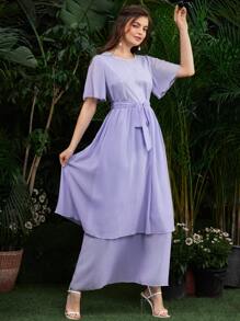 SHEIN 蝴蝶袖亮片細節自腰帶洋裝