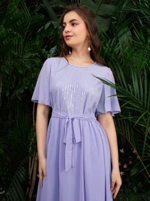 SHEIN 蝴蝶袖亮片細節自腰帶洋裝