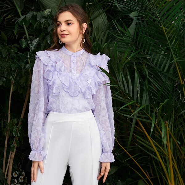 

Flounce Sleeve Ruffle Trim Jacquard Blouse, Lilac purple