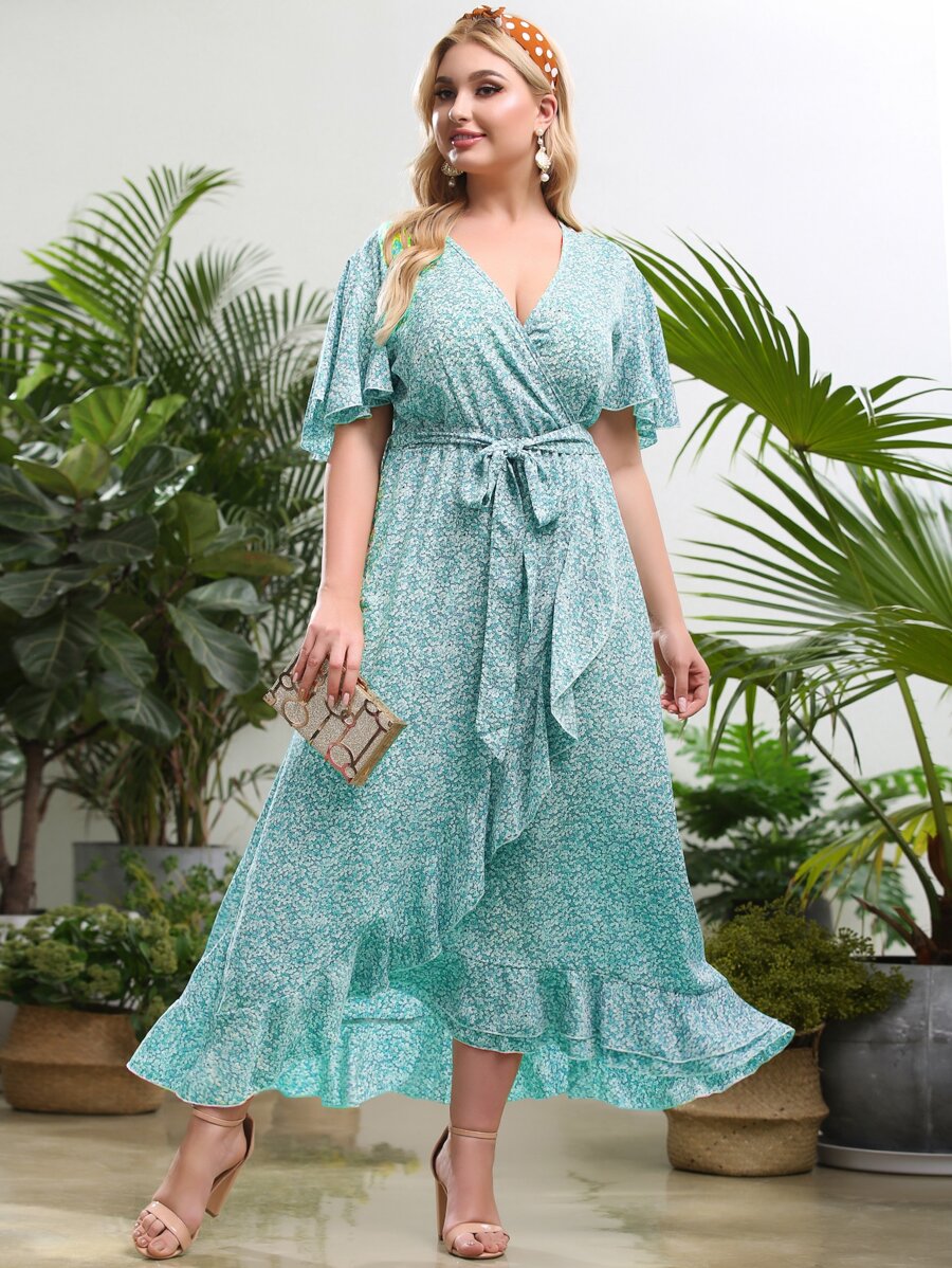 Plus Ditsy Floral Belted Ruffle Wrap A-line Dress - Mint Blue - View 1