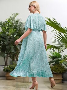 Plus Ditsy Floral Belted Ruffle Wrap A-line Dress - Mint Blue - View 2