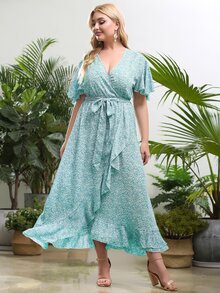 Plus Ditsy Floral Belted Ruffle Wrap A-line Dress - Mint Blue - View 3