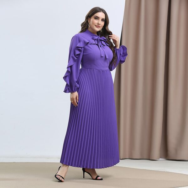 

Plus Mock Neck Ruffle Trim Pleated Dress, Violet purple