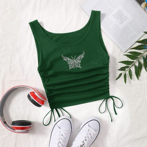 

Butterfly Rhinestone Ruched Drawstring Knot Crop Top, Green