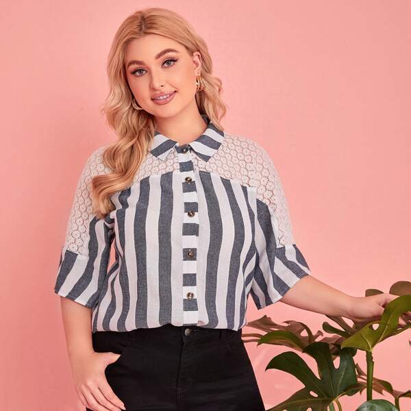 

Plus Lace Yoke Striped Blouse, Multicolor
