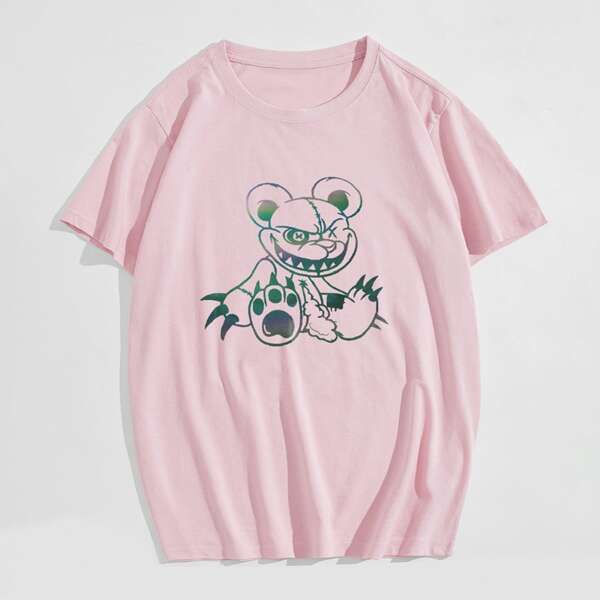 

Men Cartoon Graphic Round Neck Tee, Baby pink