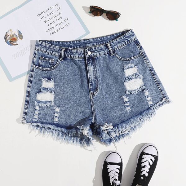 

Plus Ripped Raw Hem Denim Shorts, Medium wash