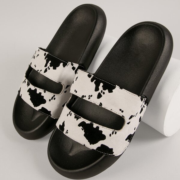 

Cow Print Faux Suede Dual Vamp Slide, Black and white