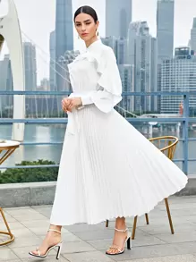 Modelyn Ruffle Trim Pleated Hem Shirt Dress - White - View 1