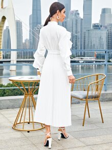 Modelyn Ruffle Trim Pleated Hem Shirt Dress - White - View 2