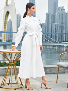 Modelyn Ruffle Trim Pleated Hem Shirt Dress - White - View 5